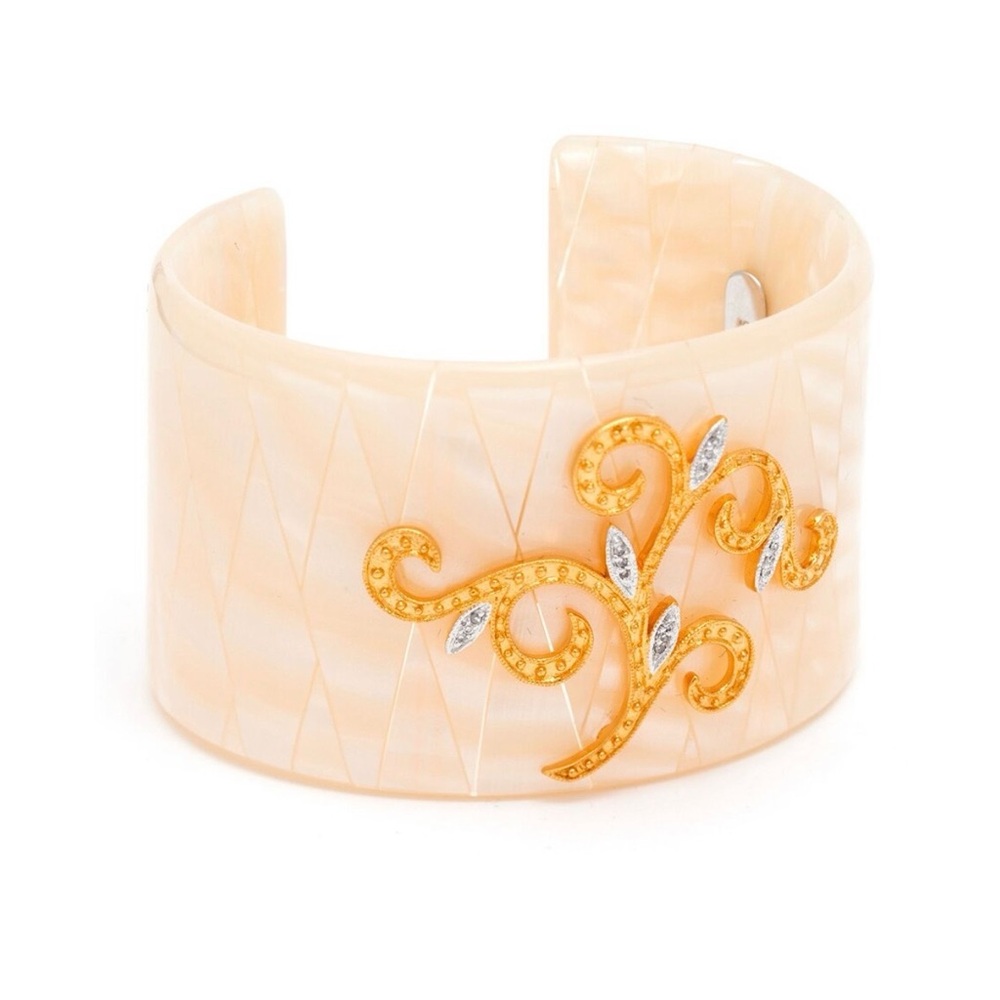 Elegant White and 14k Gold over Silver and Diamonds Filigree Women's Bracelet